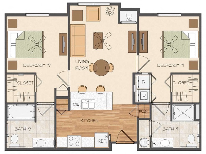 Floor plan for 2 beds, 2 baths, 895 sqft